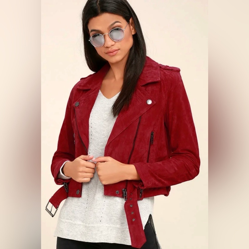 Blank NYC Red Suede Leather Moto Jacket Belted Zip Pockets Backhanded Sz S